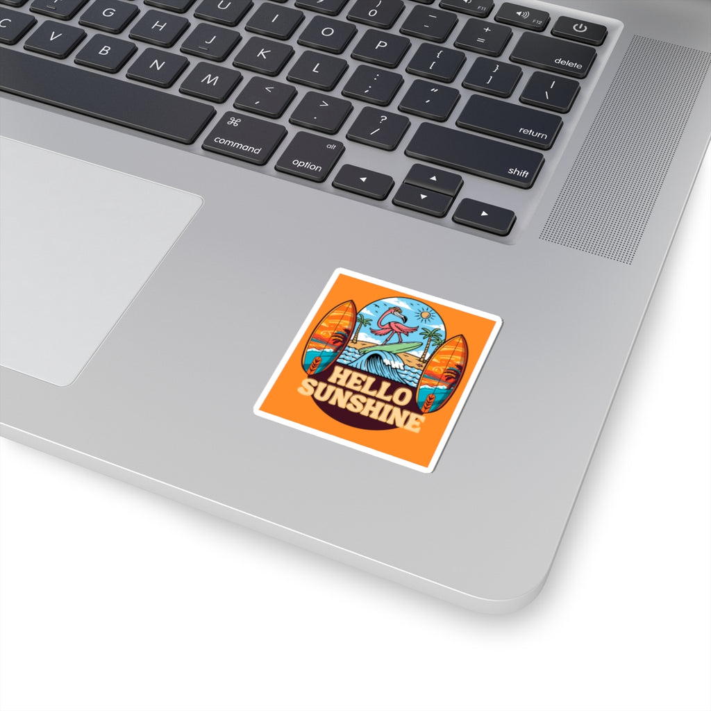 Hello Sunshine Surf Flamingo Sticker — Beachy Kiss-Cut Sticker