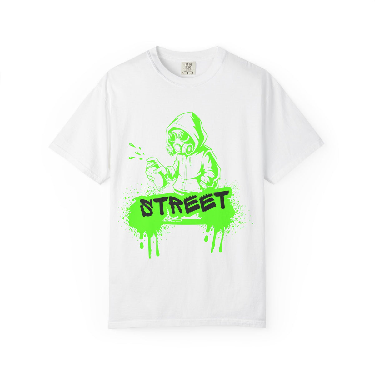 Street Graffiti Tee — Neon Green Spray-Paint Hooded Figure