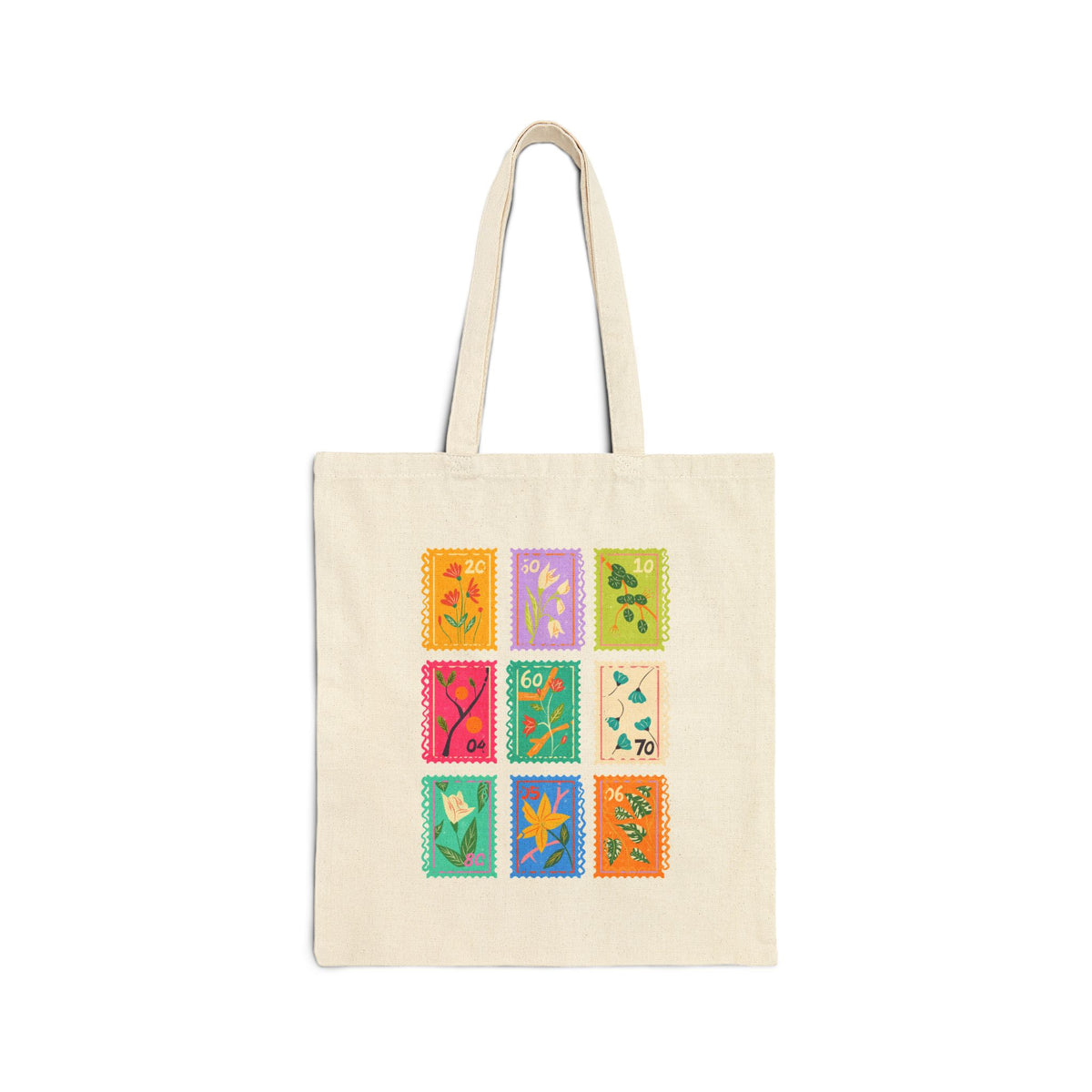 Floral Stamp Grid Canvas Tote