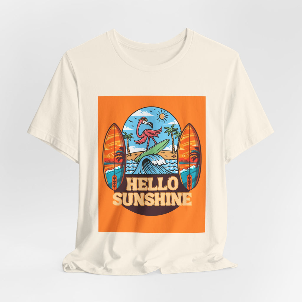 Hello Sunshine Tee — Retro Surf Flamingo Beach T-Shirt