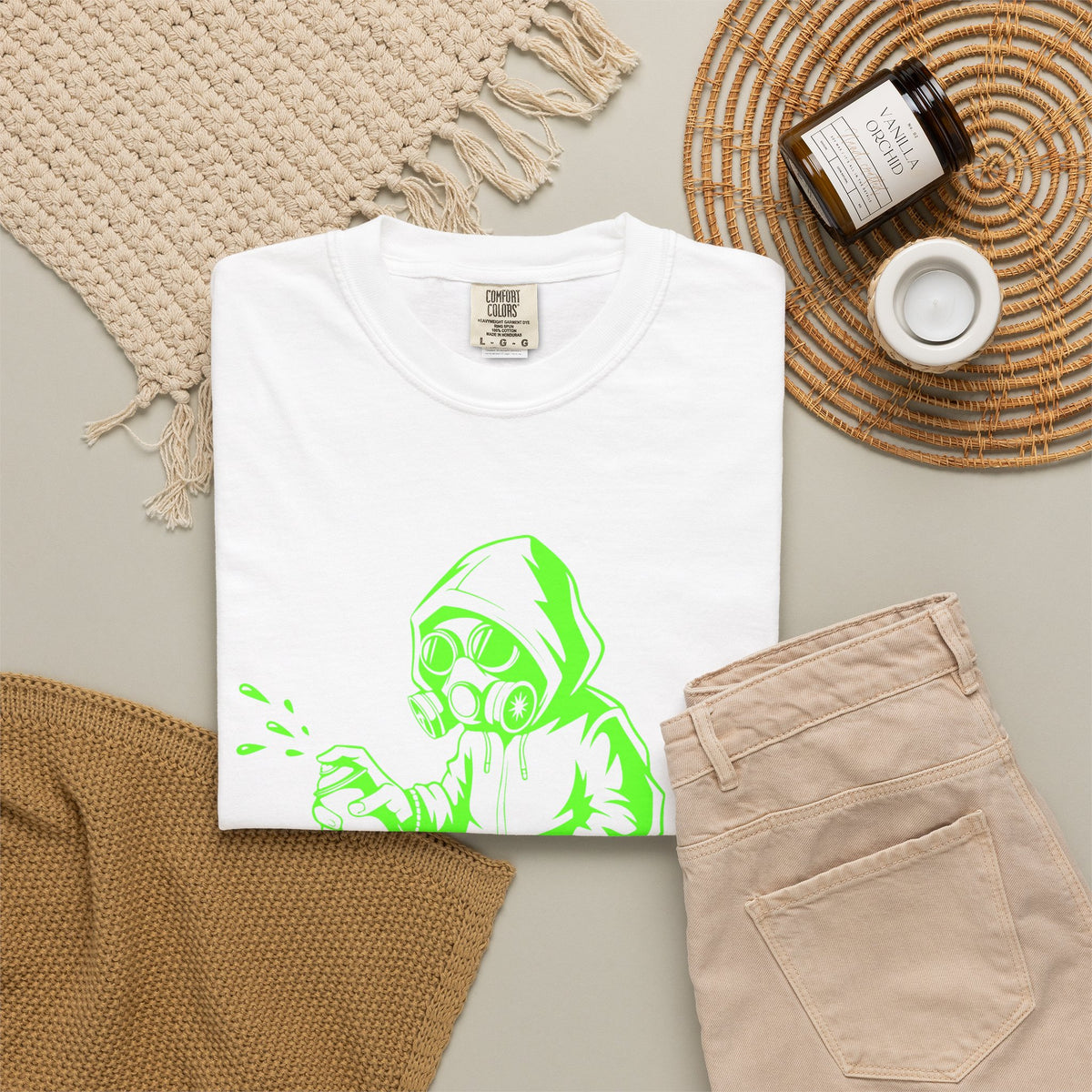Street Graffiti Tee — Neon Green Spray-Paint Hooded Figure