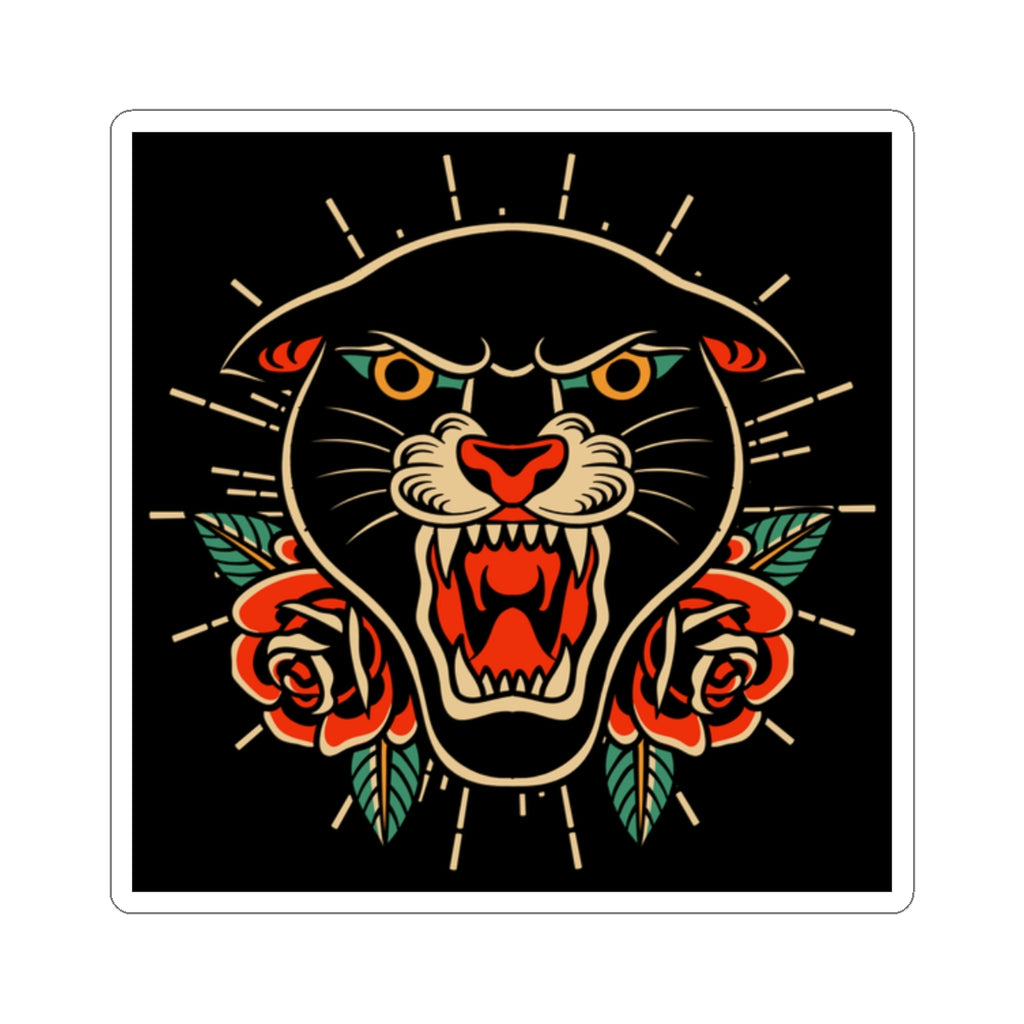 Panther & Roses Kiss-Cut Sticker — Retro Tattoo Style Laptop Decal