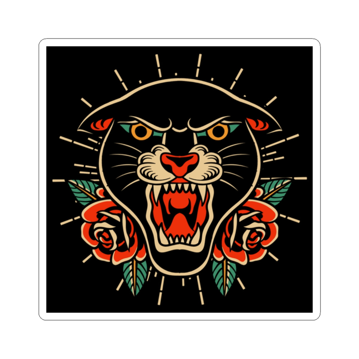 Panther & Roses Kiss-Cut Sticker — Retro Tattoo Style Laptop Decal