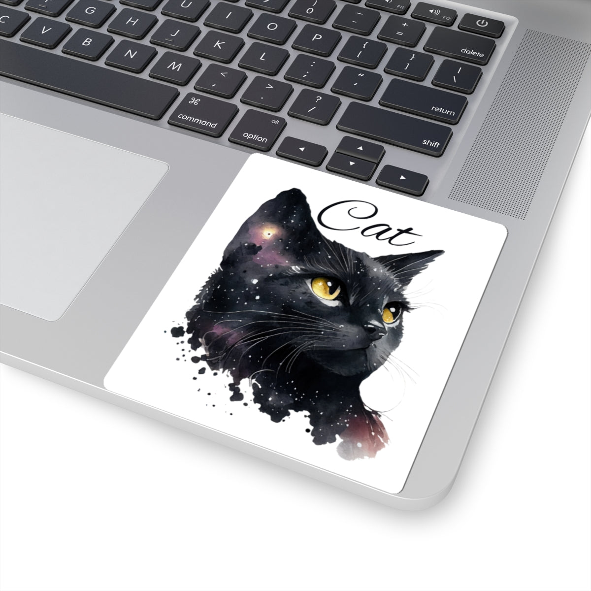 Black Cat Kiss-Cut Sticker — Cosmic Watercolor Cat Design