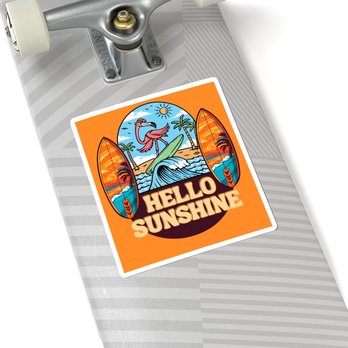 Hello Sunshine Surf Flamingo Sticker — Beachy Kiss-Cut Sticker