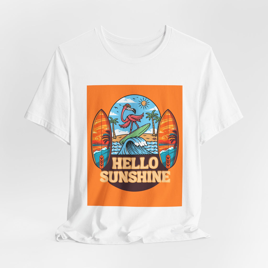 Hello Sunshine Tee — Retro Surf Flamingo Beach T-Shirt