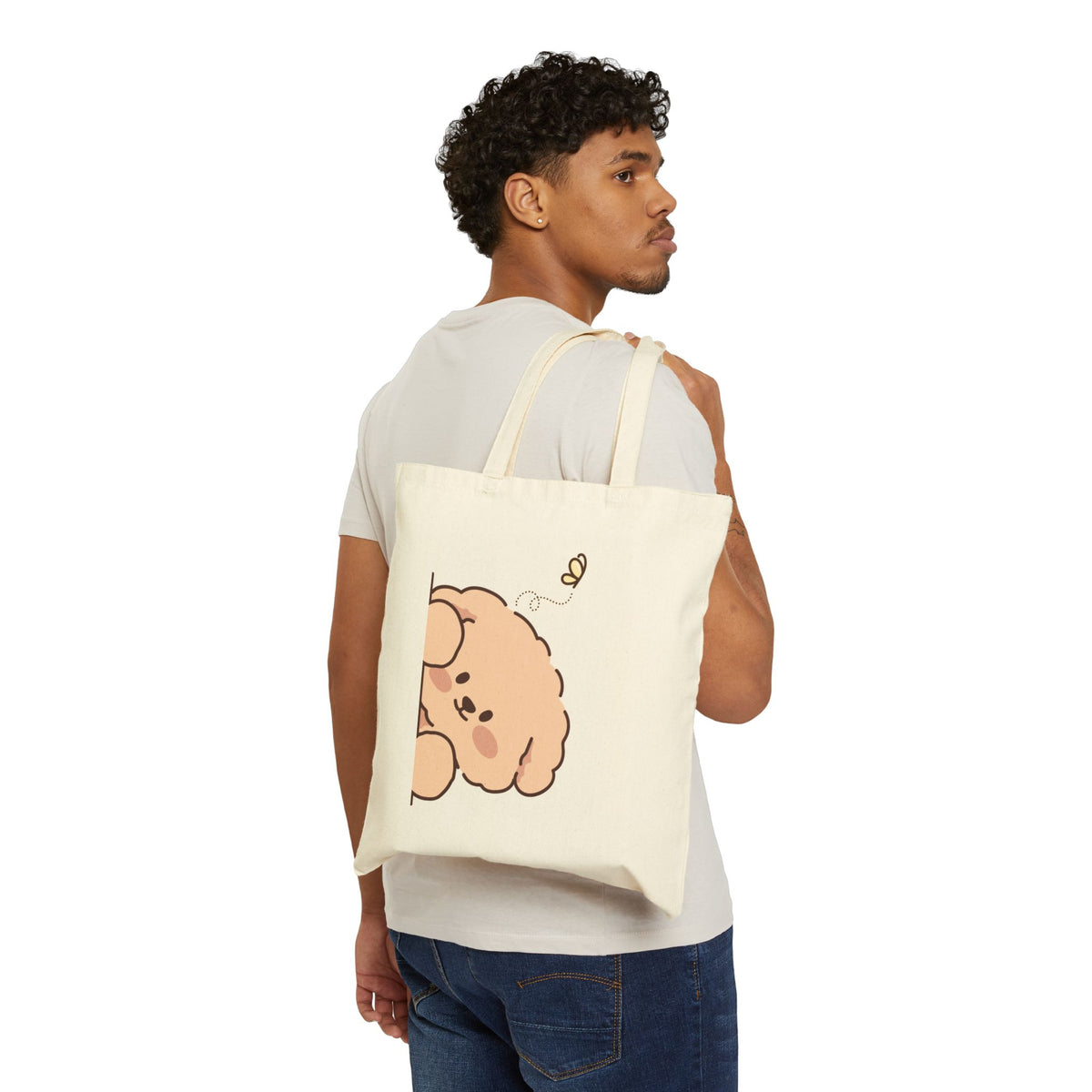 Cute Fluffy Puppy Tote Bag — Canvas Shopping & Book Tote with Playful Bee Design