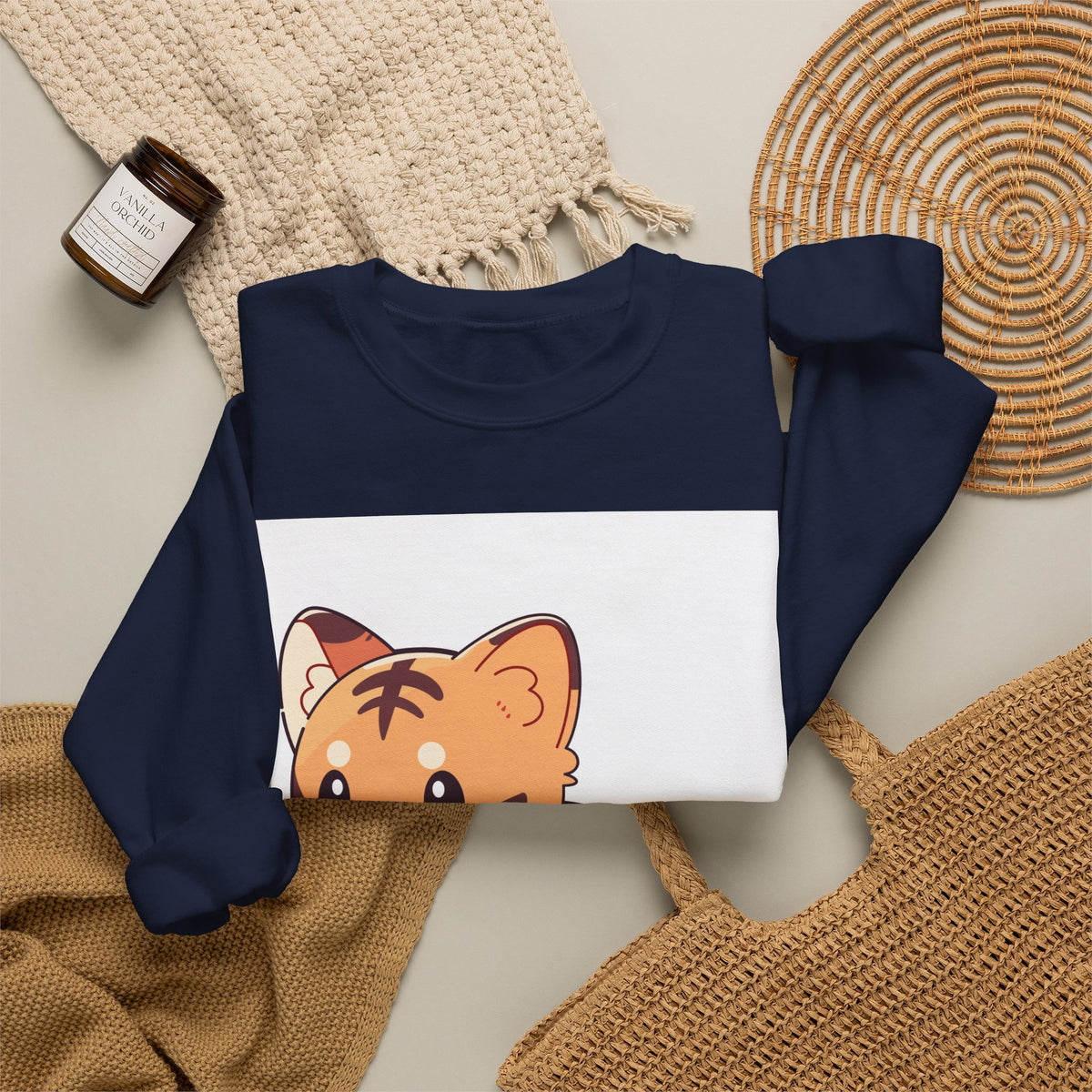 Cute Kawaii Tiger Crewneck Sweatshirt — Adorable Cartoon Kitten-Tiger Pullover