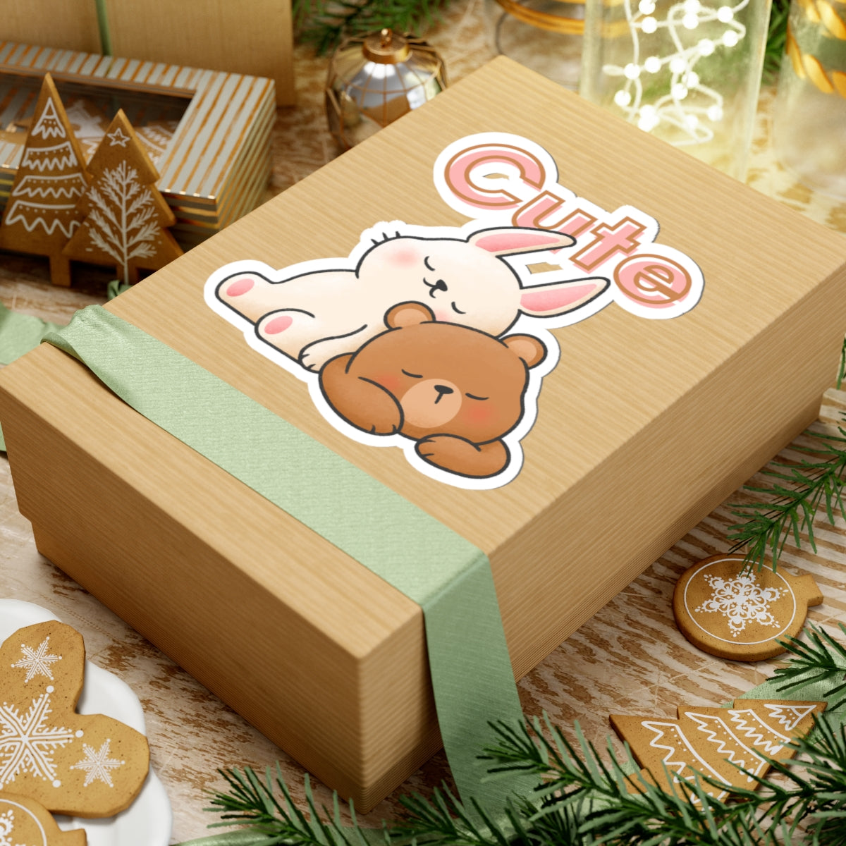Cute Bunny & Bear Sticker — Kiss-Cut Decorative Laptop Sticker with 'Cute' Text
