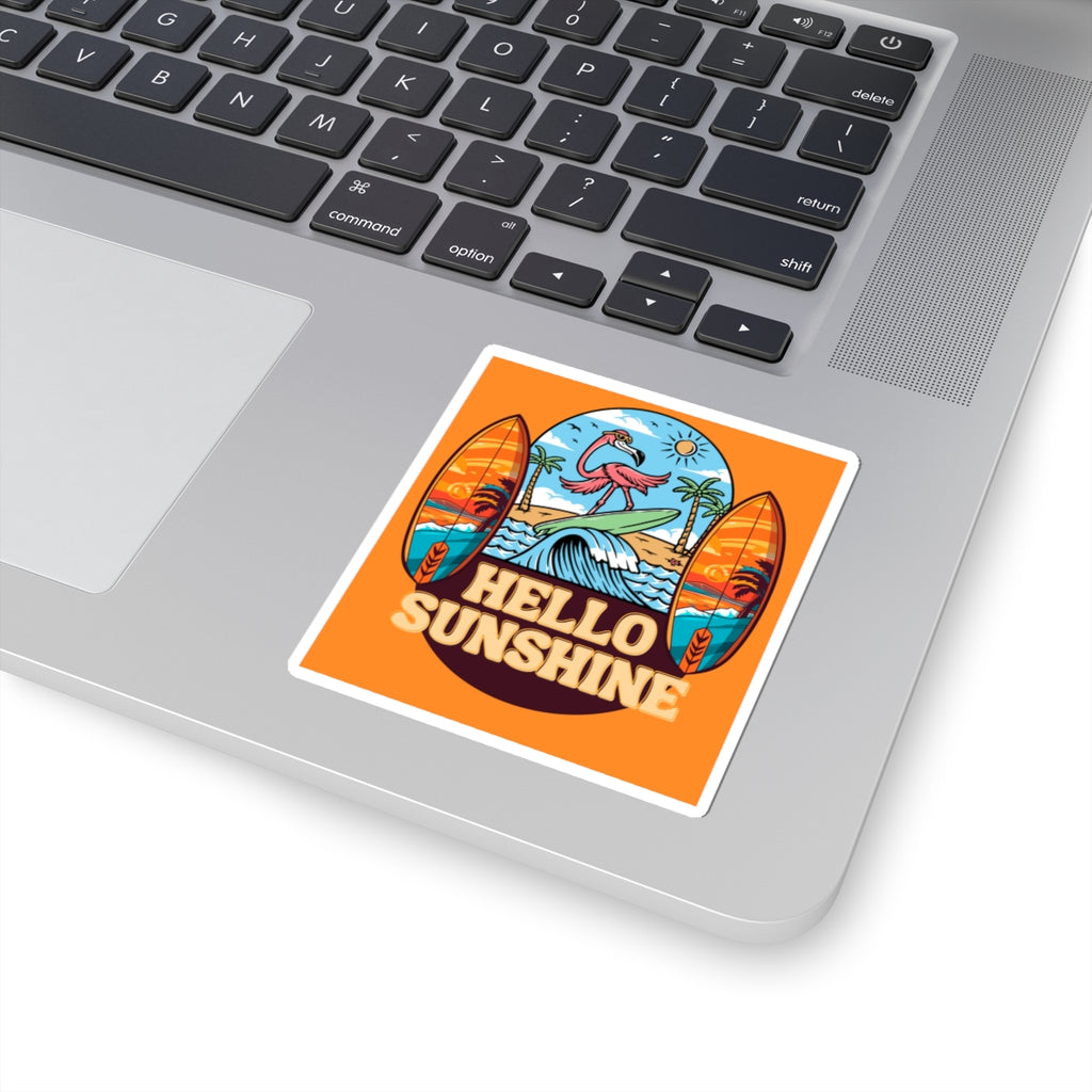 Hello Sunshine Surf Flamingo Sticker — Beachy Kiss-Cut Sticker