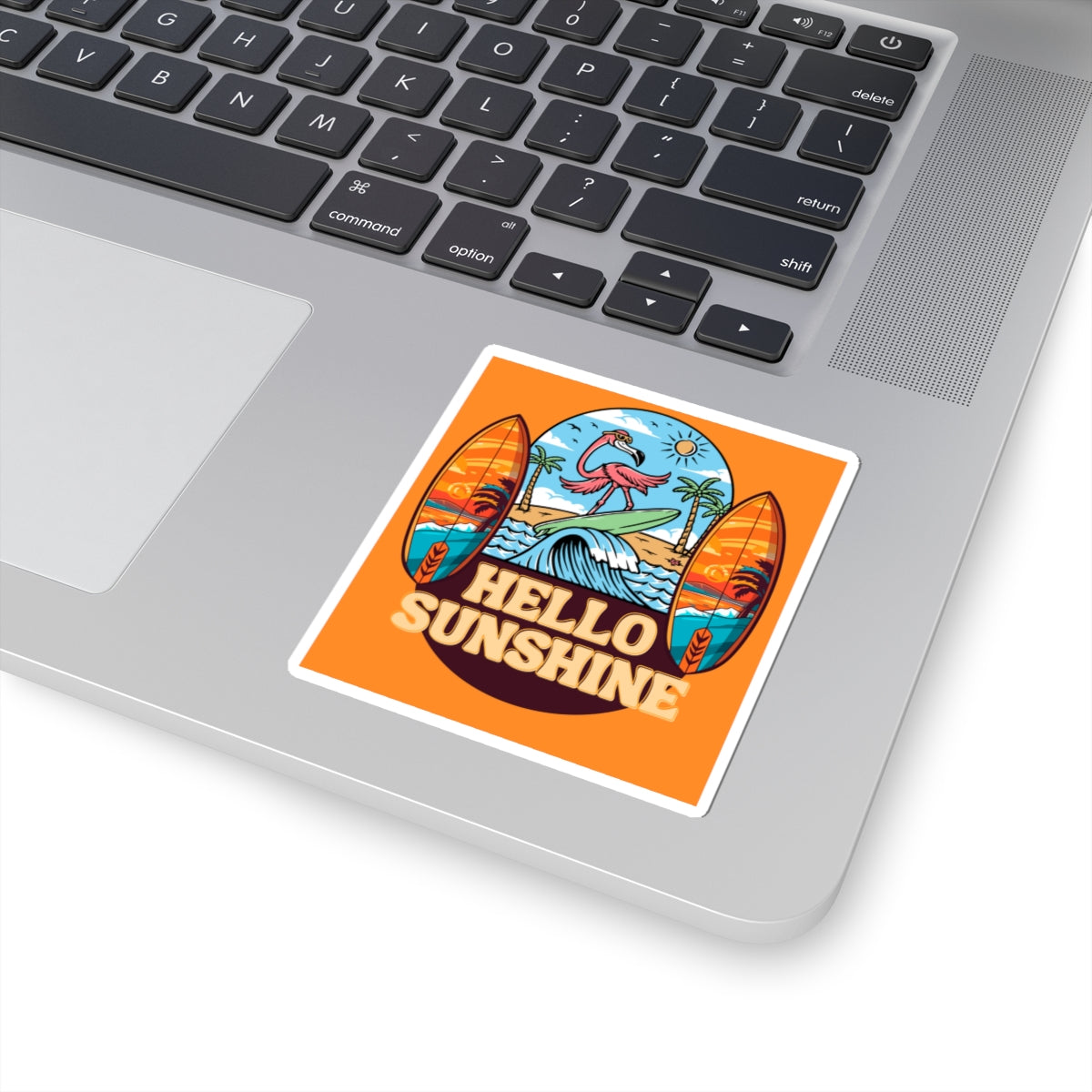 Hello Sunshine Surf Flamingo Sticker — Beachy Kiss-Cut Sticker