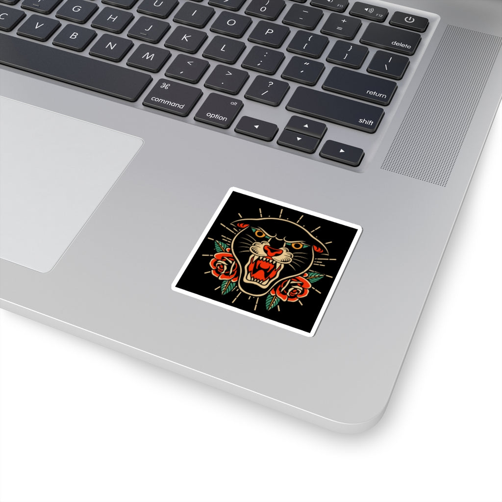 Panther & Roses Kiss-Cut Sticker — Retro Tattoo Style Laptop Decal