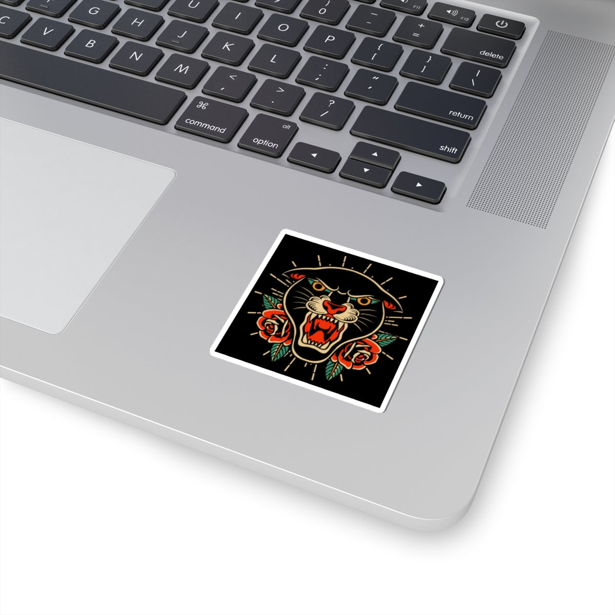 Panther & Roses Kiss-Cut Sticker — Retro Tattoo Style Laptop Decal